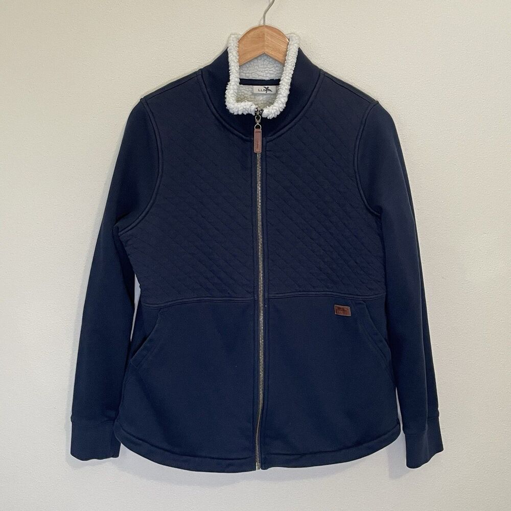 L.L. Bean Womens M Quilted Barn Coat Sherpa Lined Fleece Full Zip Jacket Navy